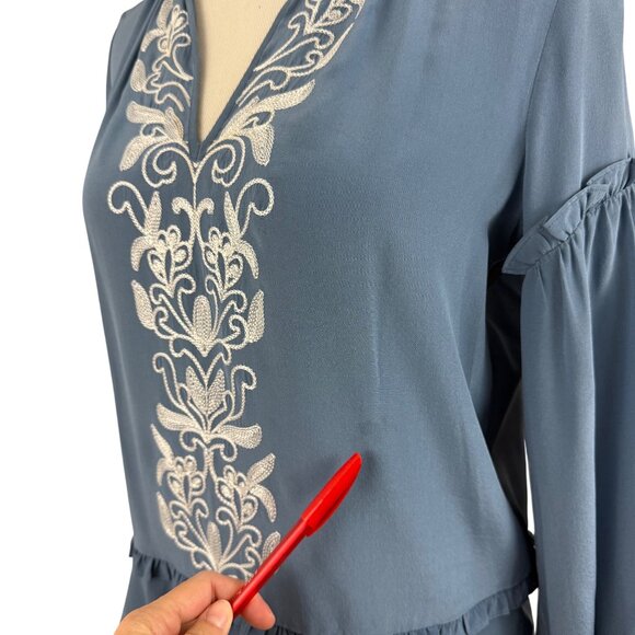 Parker Top Women's Extra Small Embroidered Silk Blouse Long Ruffle Sleeve‎ Blue - Picture 5 of 13